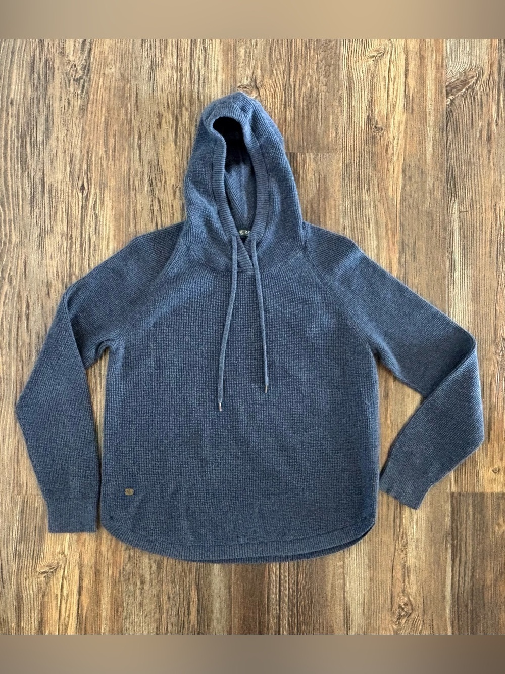 Lauren Ralph Lauren Waffle Knit Pullover Hooded Sweatshirt Hoodie Womens XL Blue
